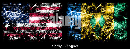 Vereinigte Staaten von Amerika, USA vs St. Vincent und die Grenadinen neues Jahr Feier funkelnden Feuerwerk flags Konzept Hintergrund. Kombination von tw Stockfoto