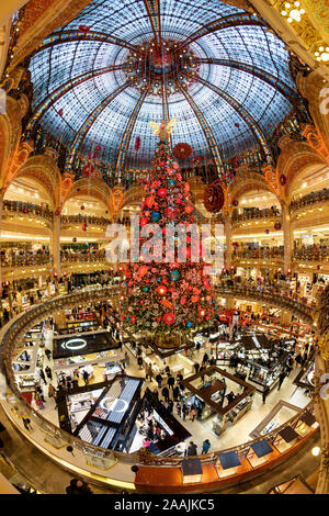 PARIS, Frankreich, 21. November 2019: Die 2019 Weihnachtsbaum hat bei Galeries Lafayette Departement Store angekommen, mit seinen herrlichen Jugendstil Kuppel. Stockfoto