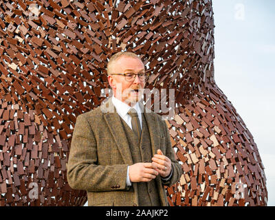 Enthüllung der Bär Skulptur Leben von John Muir von schottischen Bildhauer Andy Scott, Dunbar, East Lothian, Schottland, Großbritannien zu feiern. Stockfoto