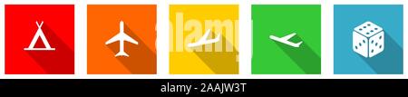 Set aus bunten Web flache Design Vector Icons, Flugzeug, Flugzeuge, Zelt und casino Schaltflächen in eps 10 für Webdesign und mobile Anwendungen auf weißem Hinterg Stock Vektor