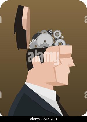 Geschäftsmann Gedanken denken Kupplungsmechanismus. Vector Illustration Cartoon, mit geöffnetem Geschäftsmann Kopf, Mechanismus System. Stock Vektor