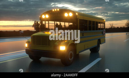 School Bus fahren auf der Straße, Konzept der gehen wieder zur Schule, 3D-Rendering. Stockfoto