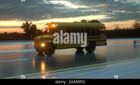 School Bus Fahren auf Asphalt Autobahn bei Sonnenuntergang, 3D-Rendering. Stockfoto