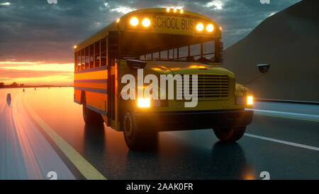 School Bus Fahren auf Asphalt Autobahn bei Sonnenuntergang, 3D-Rendering. Stockfoto