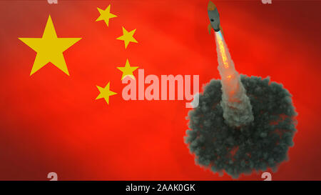 Rocket Launch vor dem Hintergrund der China Flagge. 3D-Rendering. Stockfoto