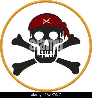 Vector Illustration. Pirat rundes Emblem mit Text, Schädel und Knochen. Stock Vektor