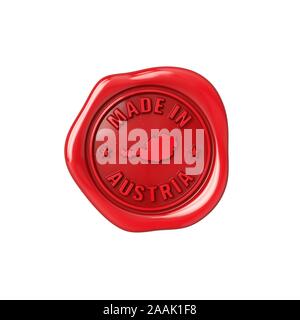 Dichtung made in Austria. Roten Siegellack. Herkunft Stempel. Stockfoto