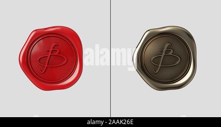 Siegellack mit Buchstabe B. rote Farbe und goldene Farbe. Flache Hintergrund. Stockfoto