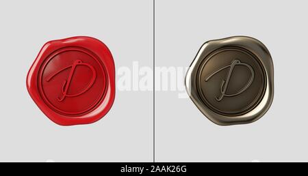 Siegellack mit Buchstabe D. Rote Farbe und goldene Farbe. Flache Hintergrund. Stockfoto