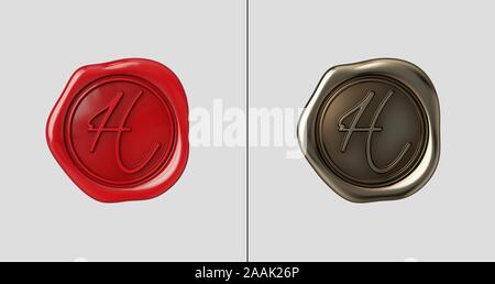 Siegellack mit Buchstabe H. rote Farbe und goldene Farbe. Flache Hintergrund. Stockfoto