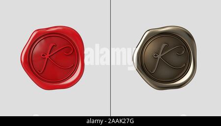 Siegellack mit Buchstabe K. rote Farbe und goldene Farbe. Flache Hintergrund. Stockfoto
