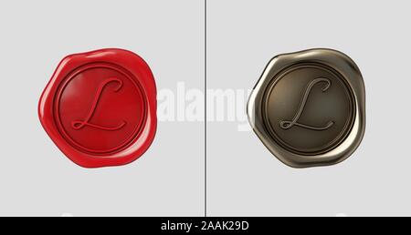 Siegellack mit dem Buchstaben L. rote Farbe und goldene Farbe. Flache Hintergrund. Stockfoto