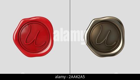 Siegellack mit Buchstabe U rote Farbe und goldene Farbe. Flache Hintergrund. Stockfoto