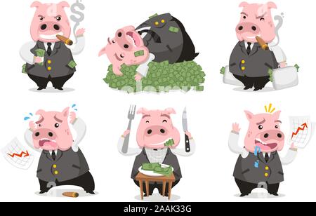 Gierige Schweine reichen Bankier in der Liebe mit Geld, mit sechs Schweine in sechs verschiedenen Situationen wie Rauchen Zigarre Schwein, schlafen auf Geld, Geld, desper Stock Vektor