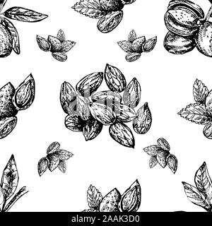 Nahtlose Muster von Hand gezeichnete Skizze stil Mandeln auf weißem Hintergrund. Vector Illustration. Stock Vektor