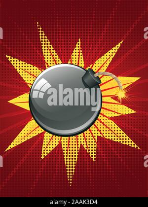 Runde, schwarze Bombe über mit brennenden Docht zu explodieren. Stock Vektor