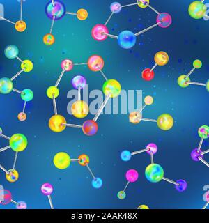 Helle, unterschiedliche chemische Strukturen mit atomaren Anleihen auf Blau, Wissenschaft nahtlose Muster Stock Vektor
