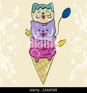 Vector Illustration eines Eis Dessert in einem Waffeleisen Schale in der Form von drei Tiere Katze, Bär, Welpe, Hund, Hamster. Stock Vektor