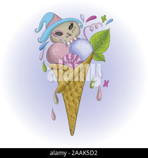 Vector Illustration von Eis Dessert in einem Waffeleisen Schale in der Form eines Schädels Element für den Urlaub der Tag der Toten, Halloween. Stock Vektor