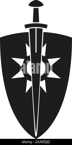 Schwarze und weiße Schwert Schild. Medieval Festival Requisiten. Märchen Thema Vector Illustration für Symbol, Stempel, Aufkleber, Zertifikat, Geschenkkarten, Einladung Stock Vektor