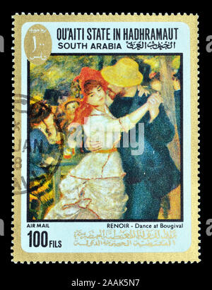 Storniert Briefmarke von Qu'aiti State in Hadhramaut, Südarabien gedruckt, das zeigt Gemälde von Renoir, circa 1968. Stockfoto