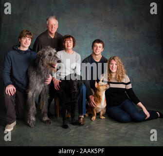 Studio Portrait von Familie mit drei Hunde Stockfoto