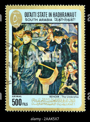 Storniert Briefmarke von Qu'aiti State in Hadhramaut, Südarabien gedruckt, das zeigt Gemälde von Renoir, circa 1968. Stockfoto