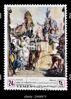 Annullierte Briefmarke, gedruckt vom Jemen, die Gemälde von Tiepolo zeigt, etwa 1968. Stockfoto