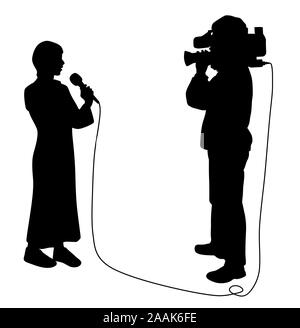 Journalist, Reporter Frau mit Mikrofon und Kameramann, Nachrichten Reportage. Stock Vektor