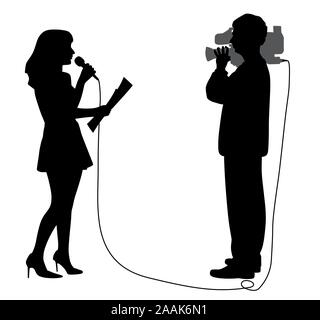 Nachrichten Reporter Anker Frau und Kameramann, Reportage. Lautsprecher Nachrichtensprecher anchorwoman ist das Lesen ein Papier vor Broadcast Kamera Operator. Stock Vektor