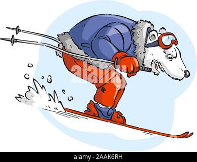 Polar bar Skifahren mit blauer Jacke und rote Hosen Schnee vektor Cartoon. Stock Vektor