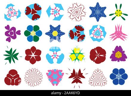 Sammlung von vierundzwanzig Kaleidoskop abstrakt bunte Blumen. Satz von Zwanzig - vier Runden polygon bunten kaleidoskopischen floralen Ornamenten Muster. Stock Vektor