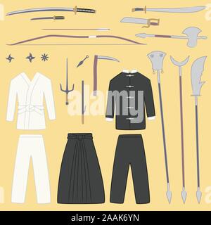 Kampfkunst Ausrüstung und Waffen cartoon Abbildungen Stock Vektor