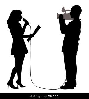 Nachrichten Reporter Anker Frau und Kameramann, Reportage. Lautsprecher Nachrichtensprecher anchorwoman ist das Lesen ein Papier vor Broadcast Kamera Operator. Stock Vektor