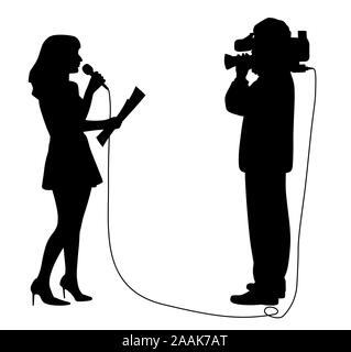 Nachrichten Reporter Anker Frau und Kameramann, Reportage. Lautsprecher Nachrichtensprecher anchorwoman ist das Lesen ein Papier vor Broadcast Kamera Operator. Stock Vektor