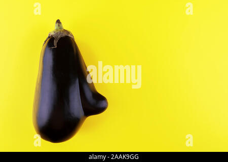 Trendy hässlich Bio roh Aubergine Aubergine mit der Nase auf gelbem Hintergrund, minimale Konzept, mit Kopie Raum schließen Stockfoto