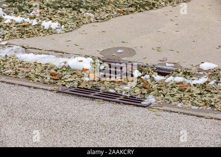 Sturmabwasserkanal Dachrinne ablassen Gitter in Stadt Straße Eindämmung der schmelzende Schnee und Blätter nach dem Herbst Schneesturm abgedeckt Stockfoto