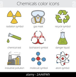 Chemische Industrie farbige Symbole gesetzt. Gasmaske, Recycling Symbol, chemischen Reagenzglas, Gift Gefahr, Fabrik Umweltverschmutzung. Biohazard, Strahlung, Atom und Mole Stock Vektor