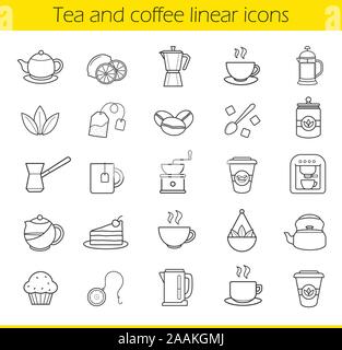 Tee und Kaffee lineare Symbole gesetzt. Moka Topf, Espressomaschine, dampfende Teetasse, Wasserkocher, Kaffee Pappbecher, Muffin, türkische cezve. Dünne lin Stock Vektor