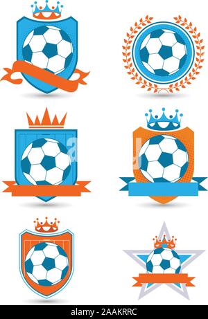 Fußball-Fußball-Embleme Vector Illustration. Mit sechs verschiedenen Emblemen einige mit Banner Platz und Kronen. Stock Vektor