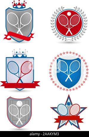 Amerikanische Tennis Emblem mit Banner Kronen Sterne Bälle Schläger Vector Illustration. Stock Vektor