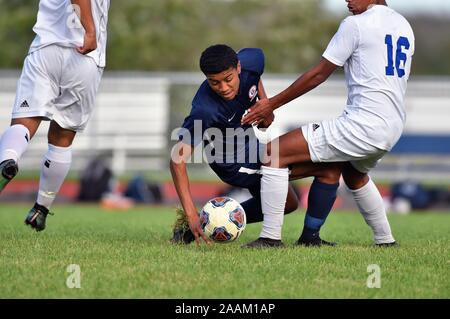 Der Spieler prallte vom Rasen und konzentrierte sich dabei auf den Ball, nachdem er durch Kontakt niedergeschlagen wurde. USA. Stockfoto