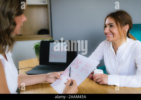 Vedische Astrologie jyotisha Berater analysieren Geburtshoroskop mit Kunde. Stockfoto