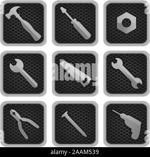 Tools Icons Vector Illustration, mit Hammer, Schraubendreher, Mutter, Schraube, Sägen, Bohren, Schnecke, Gimlet, Bohrung, Schrauben, Zangen, Zangen, Scheren, Pi Stock Vektor