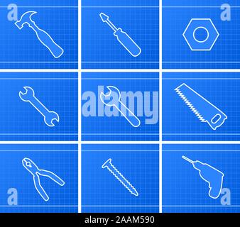 Tools Icons Vector Illustration, mit Hammer, Schraubendreher, Mutter, Schraube, Sägen, Bohren, Schnecke, Gimlet, Bohrung, Schrauben, Zangen, Zangen, Scheren, Pi Stock Vektor