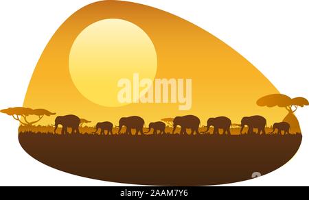 Gruppe Elefanten wandern in den afrikanischen Sonnenuntergang. Stock Vektor