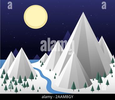 Winter Nacht Szene mit Vollmond und Berge und den Fluss. Vector Illustration Cartoon. Stock Vektor