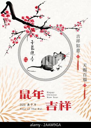 Chinesisches Neues Jahr, das Jahr der Ratte. Übersetzung: Jahr der Ratte bringt Wohlstand Glück Stock Vektor
