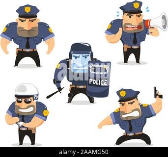 Polizist Cop Set Vector Illustration, mit Officer in fünf verschiedenen Situationen wie, Frontansicht ständigen Polizeioffizier, megapho Stock Vektor