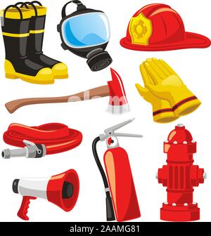 Fire-Fighter Elemente einstellen, einschließlich Stiefeln, Maske, Helm, Axt, Handschuhe, Schläuche, Feuerlöscher, Megaphon Vector Illustration. Stock Vektor